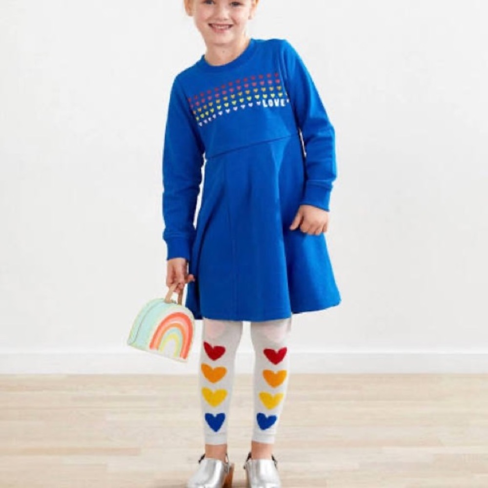 Hanna Andersson Girl Loved Dress in Blue and Hearts in rainbows Color.